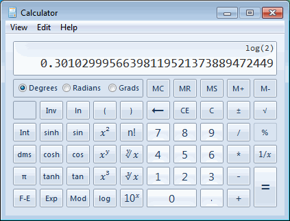 Calculator showing log(2)