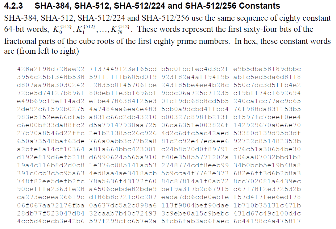 SHA-384, SHA-512, SHA-512/224 and SHA-512/256 use the same sequence of eighty constant
64-bit words. These words represent the first sixty-four bits of the
fractional parts of the cube roots of the first eighty prime numbers. 
In hex, these constant words are (from left to right)